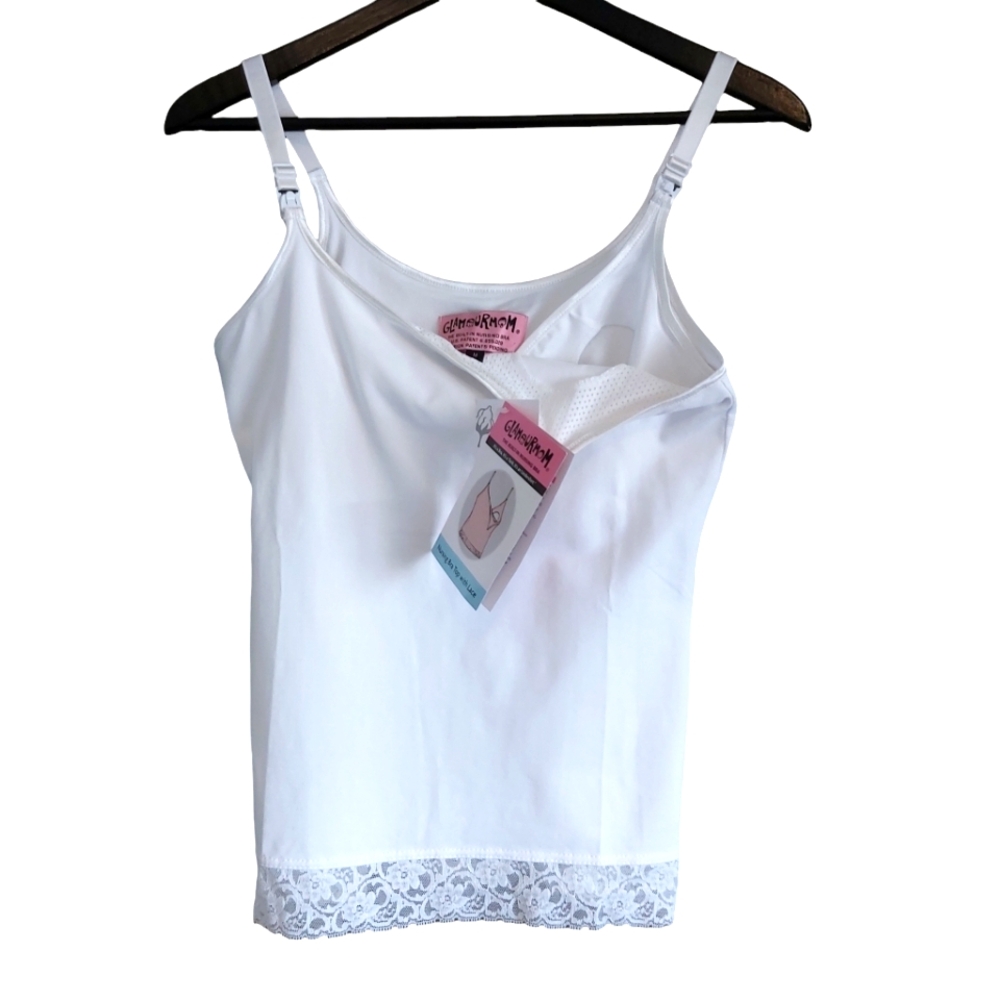 Glamourmom tank womens M white nursing top undershirt bra top lace pj